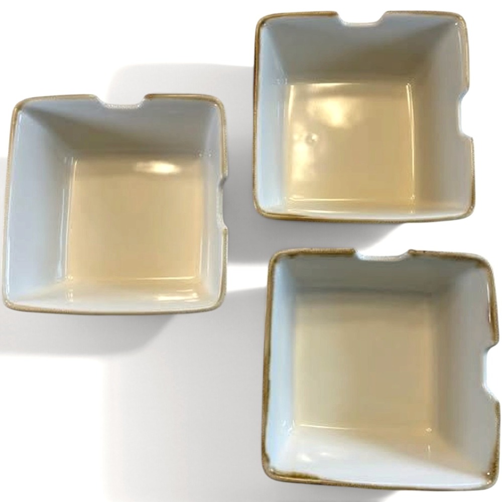 Pottery Barn Square Noodle Bowl Set of 3 Cream Brown Rim Chopstick Rest Great